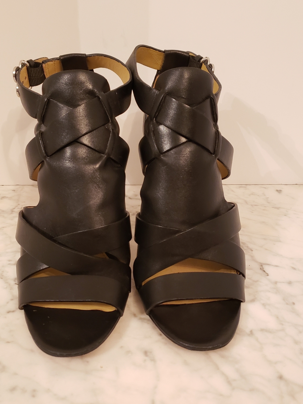 Coach Black Leather Braided Strap Heeled Sandals